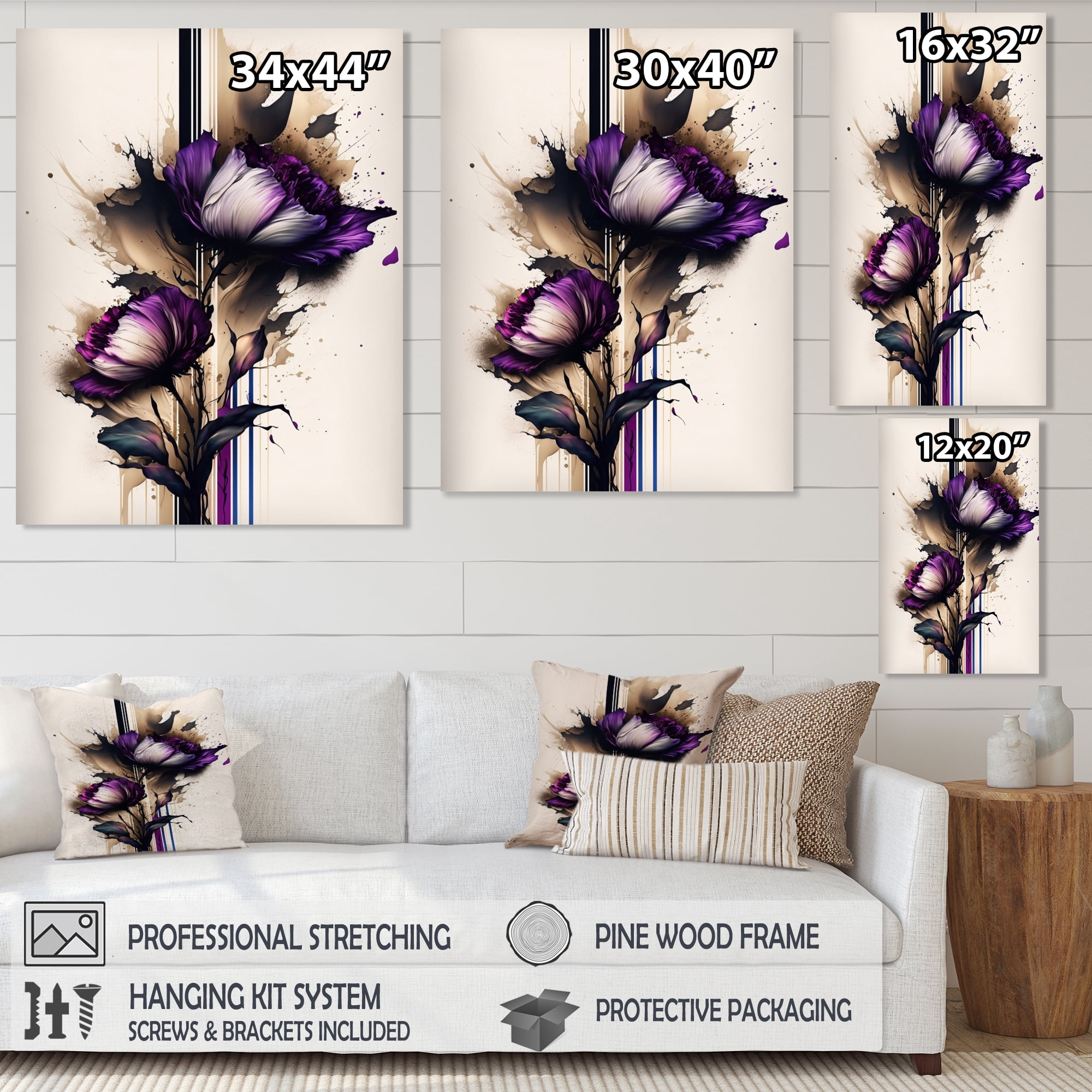 Designart Puple Peony Flower On Abstract Paint I Canvas Wall Art