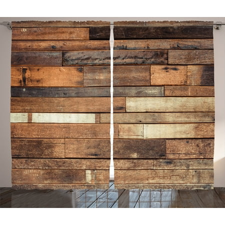 Country Decorated Living Rooms Wooden Curtains 2 Panels Set, Rustic Floor Planks Print Grungy Look Farm House Country Style Walnut Oak Grain Image, Window Drapes for Living Room Bedroom, 108W X 90L Inches, Brown, by Ambesonne ()