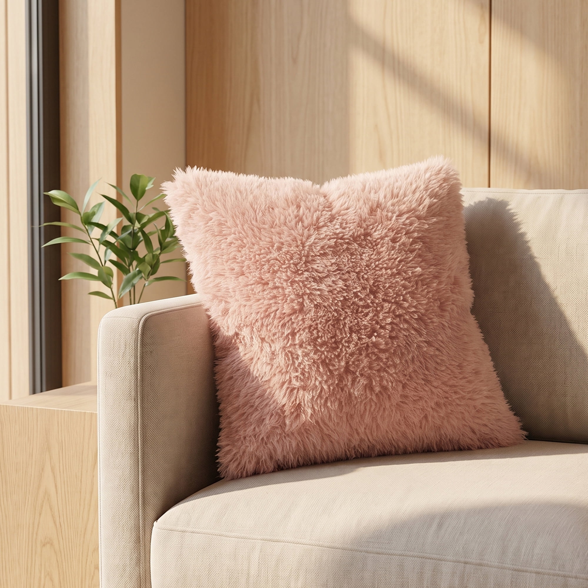Unique Bargains Durable 1 Pc Curly Faux Fur Throw Pillow Cover Solid Case Pink 18"x18"