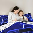 thumbnail image 4 of Feelyou Futuristic Gamepad Boys Bedding Comforter Set 7pcs, Neon Navy Honeycomb King Bedding Sets, Geometric Abstract Reversible Bed Sheets, Lightweight Room Decor, 3pcs, 4 of 7