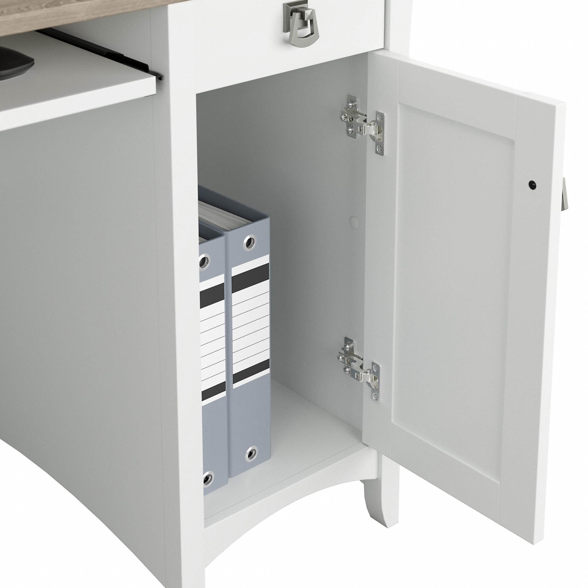 Bush Furniture Salinas Farmhouse 60 in L Shape Desk with Hutch, Box Drawer and Storage Cabinet in Shiplap Gray and White (Ships in 2 boxes)