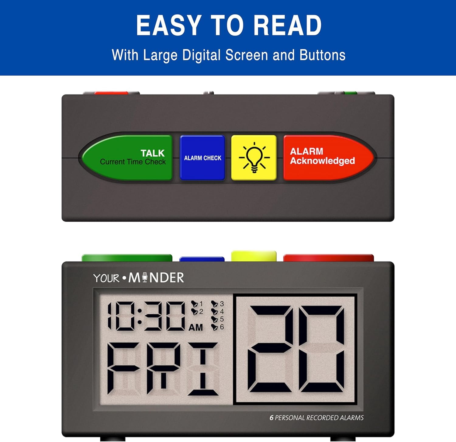 FSA/HSA MEDCENTER Your Minder Voice Record & Alarm Clock – Loud, Easy-to-Set Custom Voice Recording for Medication Alerts, Multicolor, 0.30 Pound