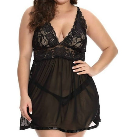 

Julymona Women s Plus Size L-5XL Sleepwear Lace Nightdress with Thongs Sexy Lingerie Babydoll Underwear