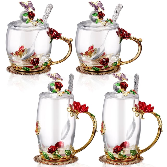 Conjunto Nuanchu 4 Juegos de Tazas de Té de Vidrio Decoradas con Flores de 12 oz con Tapa y Cuchara