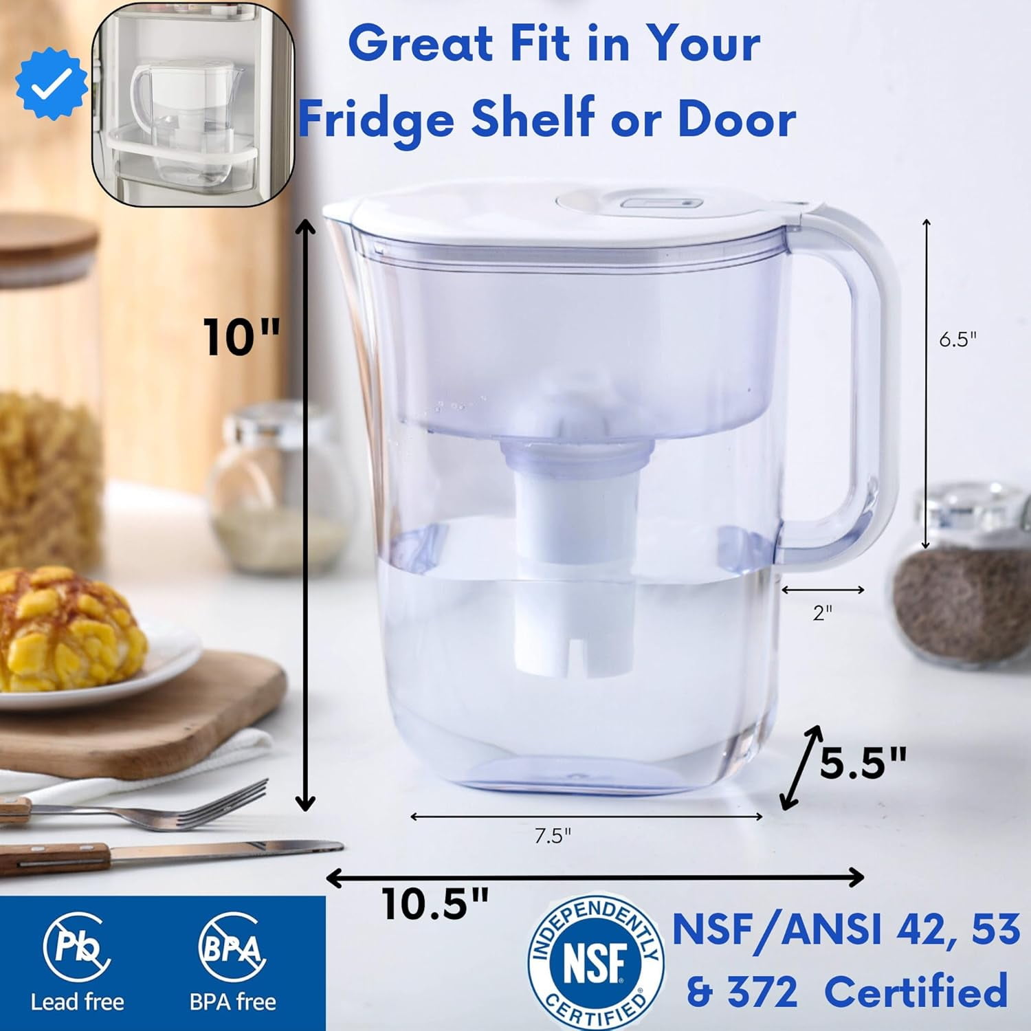 10-Cup Water Filter Pitcher with Electronic Filter Change Reminder, Includes 5 Replacement Filters – Compatible with Brita