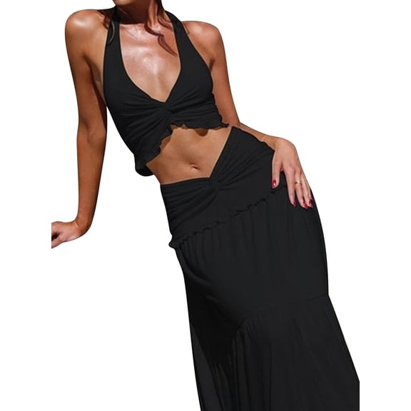 Women'S Maxi Skirt Set 2 Piece Outfits Sleeveless Strap Top Maxi Skirt Vacation Skirt Set Black S