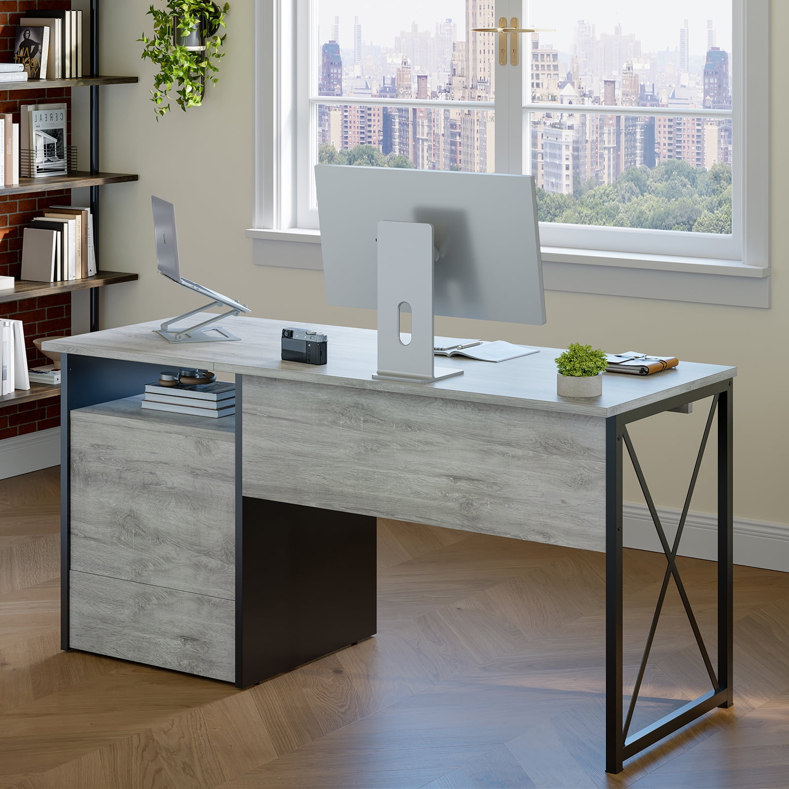 Bestier 55 inches Computer Desk with Storage Drawers & Keyboard Tray & File Drawer Home Office Desk in Gray