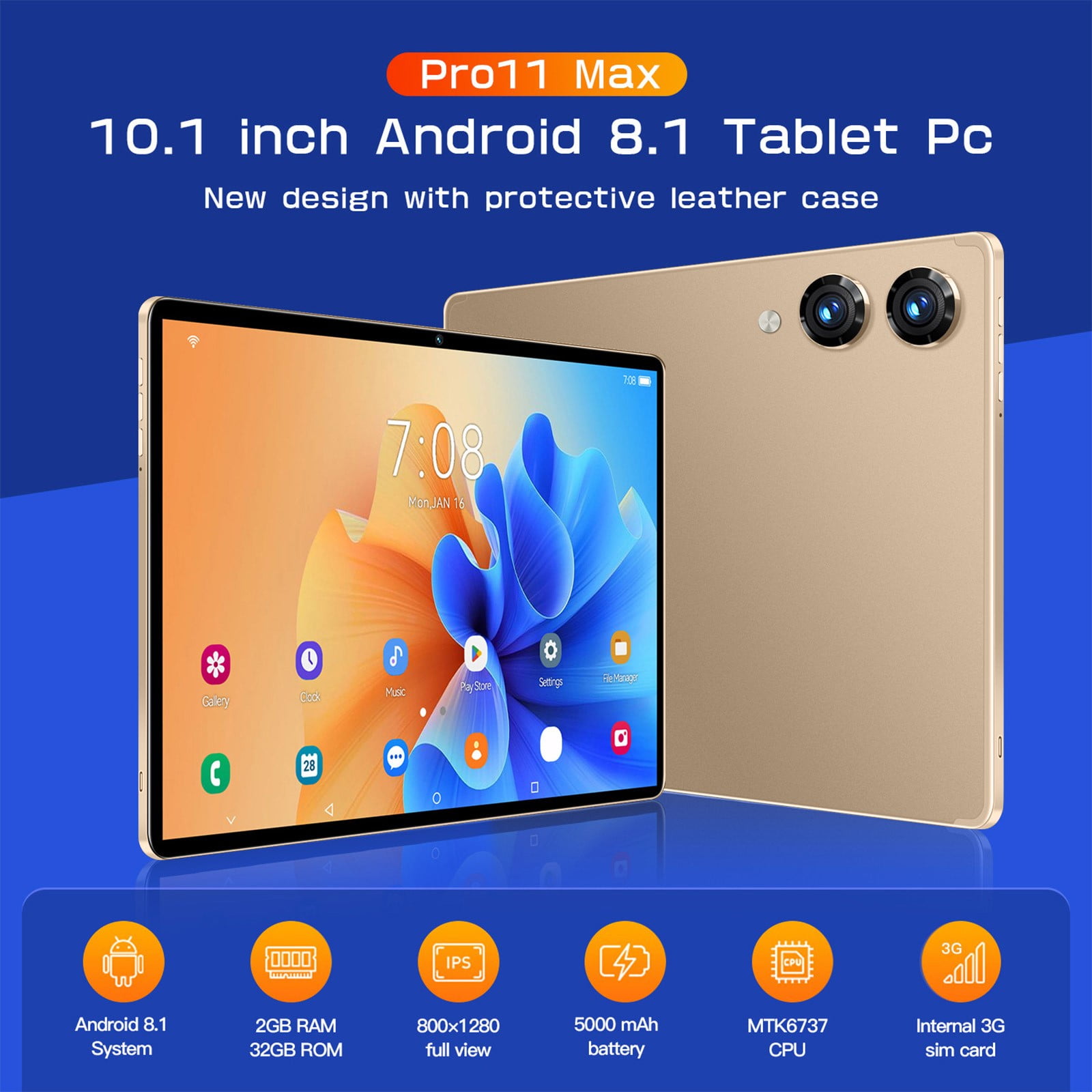 10.1-Inch Android 8.1 Tablet with HD Eye Protection Display, 2GB+32GB, 128GB Expandable, Dual SIM Voice Call, GPS Navigation, 5000mAh Battery