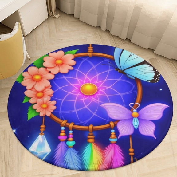 Dreamcatcher with Flowers And Butterflies Round Area Rugs for Bedroom Living Room, 3FT Soft Indoor Circle Carpets, Carpet Home Decor Floor Mat
