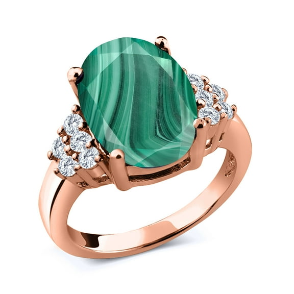 Gem Stone King 6.38 Ct Green Malachite E-F Lab Grown Diamond 18K Rose Gold Plated Silver Ring (Size 6)