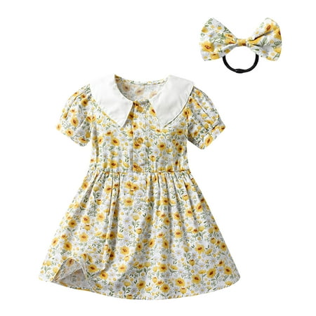 

ZRBYWB Kids Toddler Baby Girls Dress Spring Summer Print Floral Short Sleeve Headbands Princess Dress 2Pc Outfits Clothing Baby Girl Clothes
