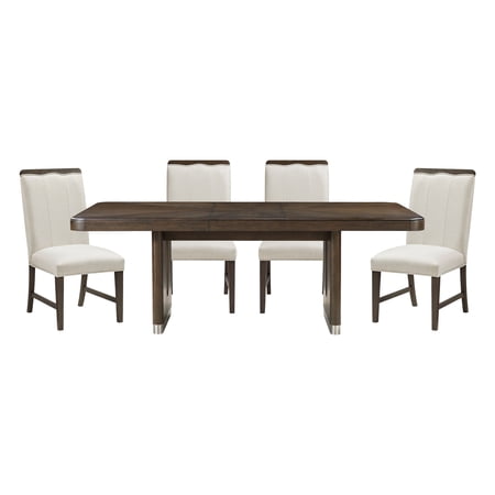 Modern Brown Finish Dining Set 5pcs Extendable Table with 4x Side Chairs Beige Upholstered Comfort Durable Metallic Accent Table Base Wooden Furniture