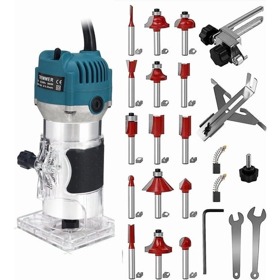 110V Router Tool, 800W  Trim Router, 30000RPM  Hand Trimmer, Palm Router with 15x 1/4" Router Bits & 2x Trim Guides for Woodworking Tools, Adjustable Base Height w/Scale