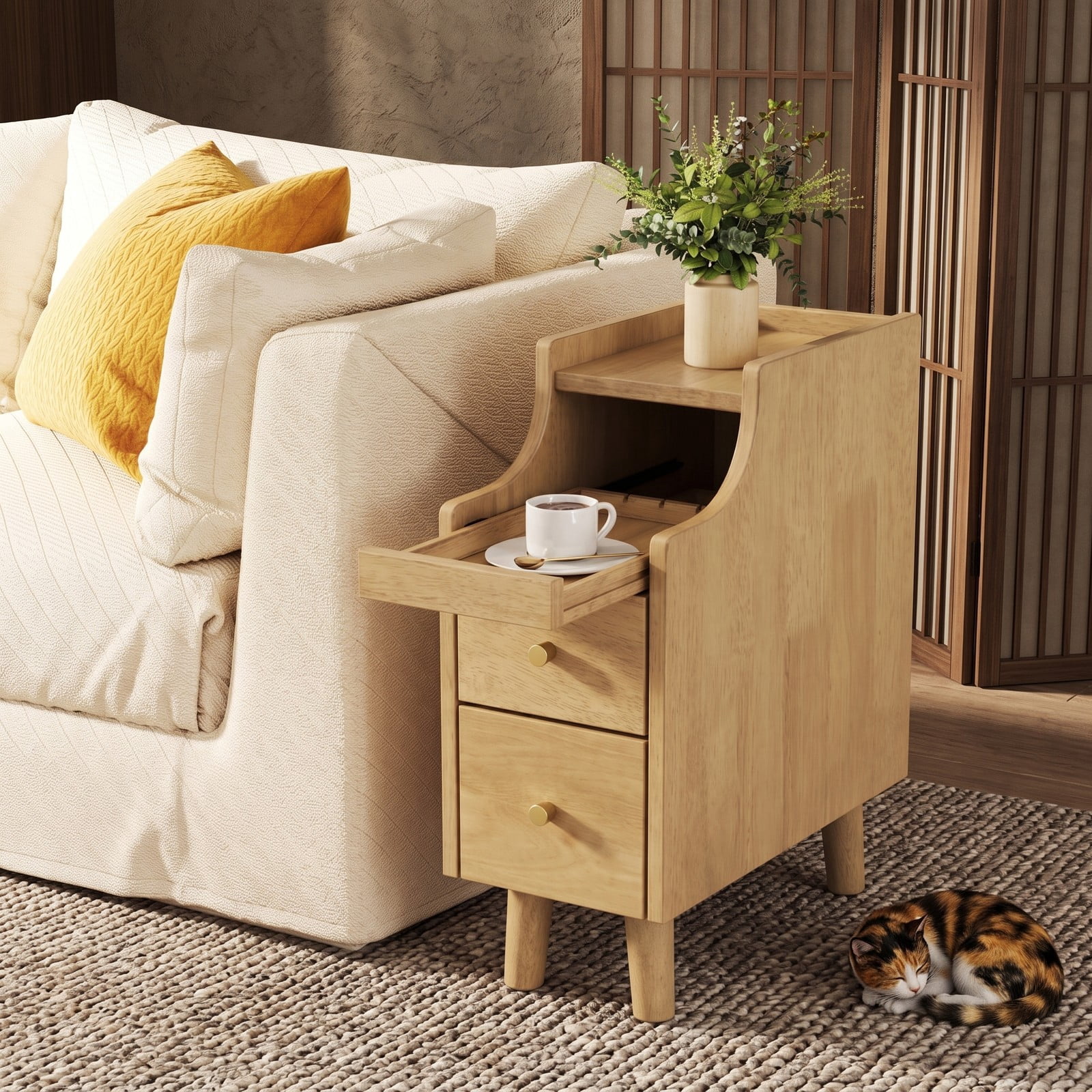 Furnibear Narrow Nightstand with Pull-out Tray and 2 Storage Drawers, Slim Solid Wood Bedside Table for Small Spaces and Tight Corners, Natural