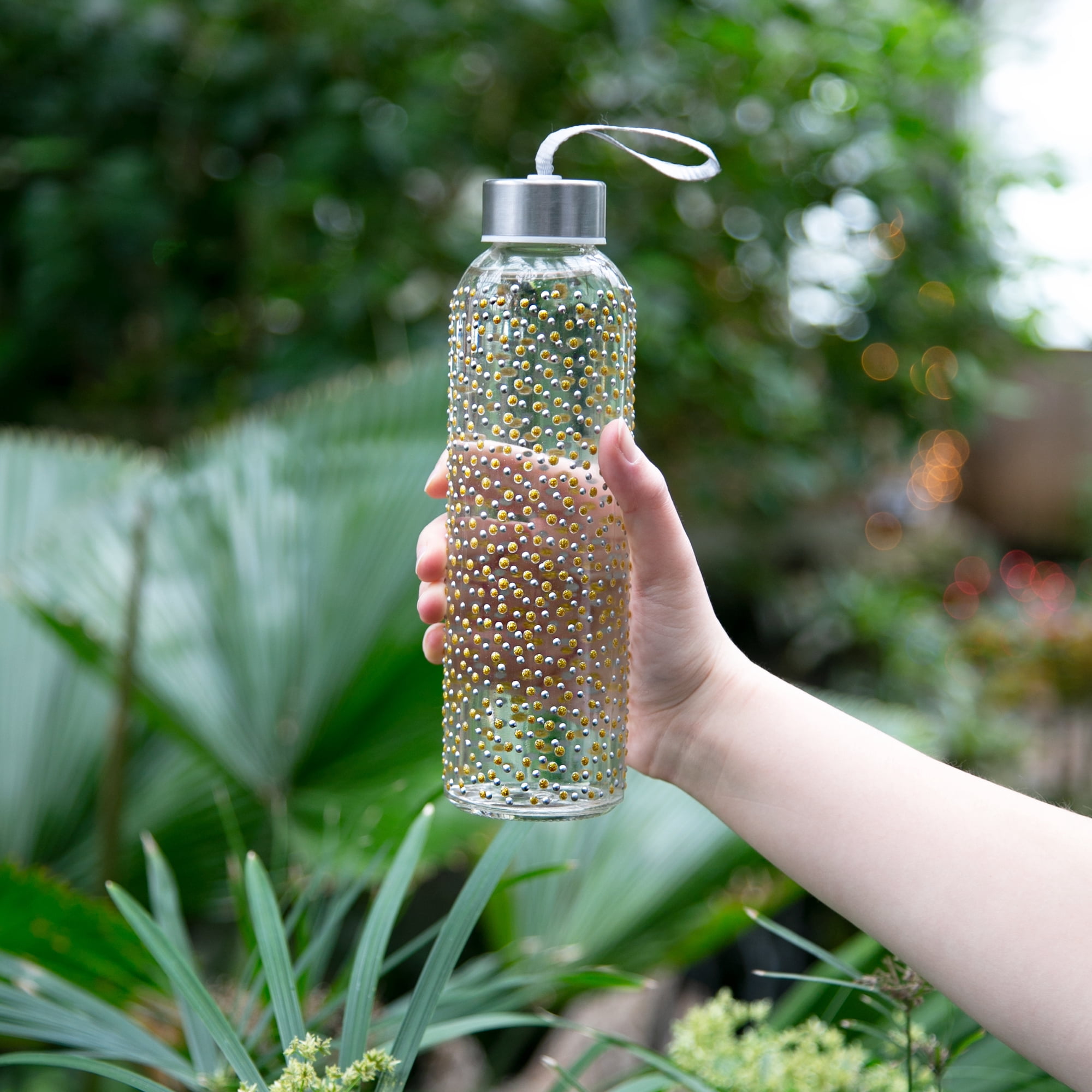 Gold & Silver Dots - 16.5 oz Hand Decorated Glass Water Bottle