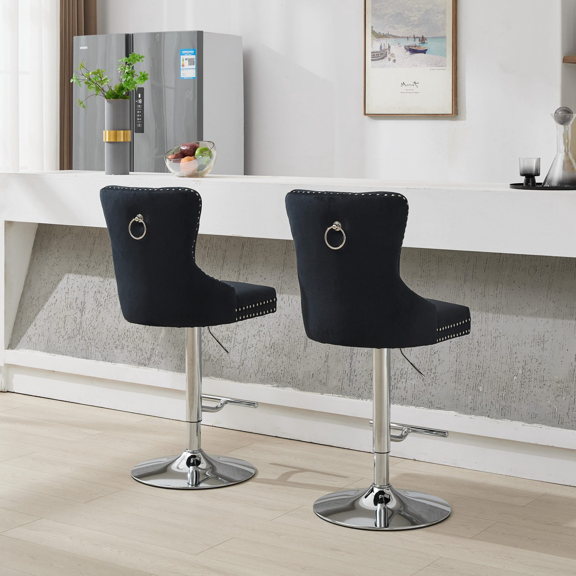 2-Piece Velvet Swivel Bar Stools, Adjustable Counter Height Dining Bar Chairs with Tufted Backrest and Nailhead Trim for Kitchen Island （Black with Silver Leg）