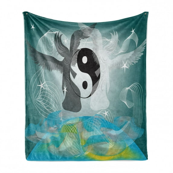 Yin Yang Soft Flannel Fleece Throw Blanket, Abstract Psychedelic Background with Flying Angels Around Yin Yang Motif, Cozy Plush for Indoor and Outdoor Use, 70" x 90", Multicolor, by Ambesonne