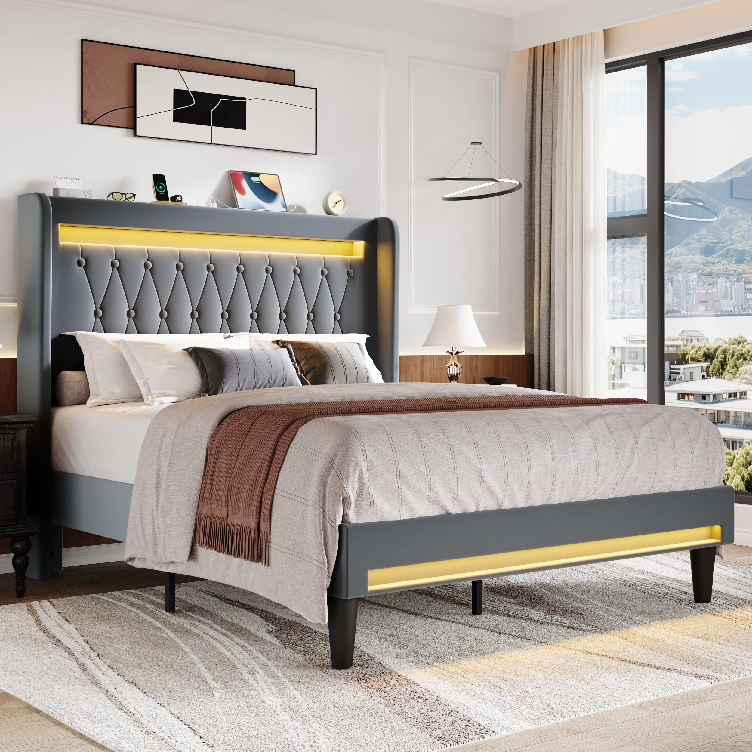Amolife Queen Size LED Bed Frame, Upholstered Velvet Platfrom Bed with Charging Station, High Wingback Headboard & 2 Lights, No Box Spring Needed, 900 LBS Capacity, Gray
