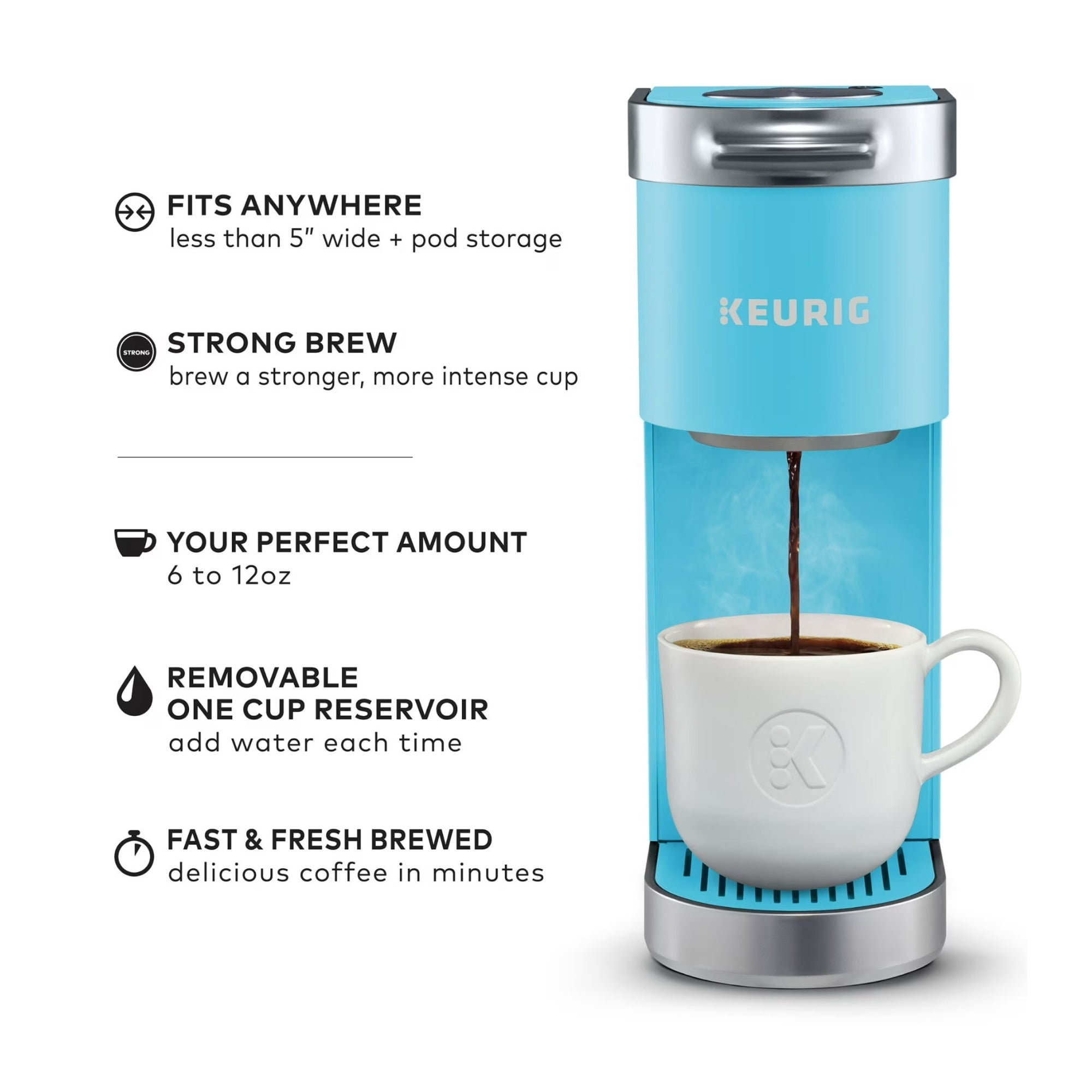 Restored Keurig K-Mini Plus Single Serve Coffee Maker with 6 to 12 Oz. Brew Size, K-Cup Pod Storage and Travel Mug Friendly (Cool Aqua, ) (Refurbished)