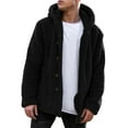 thumbnail image 2 of Domuza Men's Fuzzy Sherpa Jacket Fluffy Fleece Open Front Cardigan Button Down Hooded Coat Fall Winter Warm Thicken Lined Soft Comfy Outerwear Black 2XL, 2 of 5