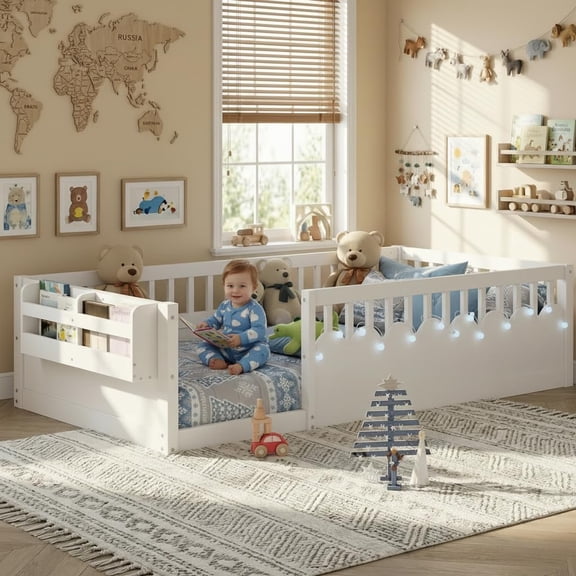 Mirightone Twin Montessori Floor Bed with Rails and Storage Shelf, Wood Floor Beds Frame with Light for Boys Girls, White