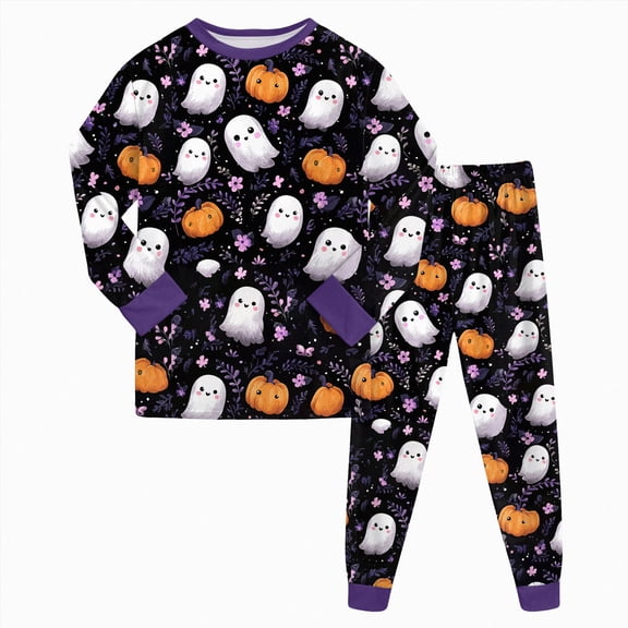 TOWED22 Girls Boys Halloween Pajamas Cute Graphic Cotton Toddler Kids 2 Piece Long Sleeve Pjs Fall Winter Sleepwear(Black,4-5 Y)