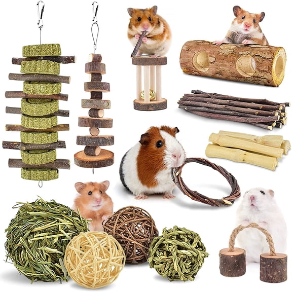 12 Pack Hamster Chew Toys, Natural Wooden Roller Teeth Care Molar Toy for Rabbits Bird Rabbits Hamster Gerbil