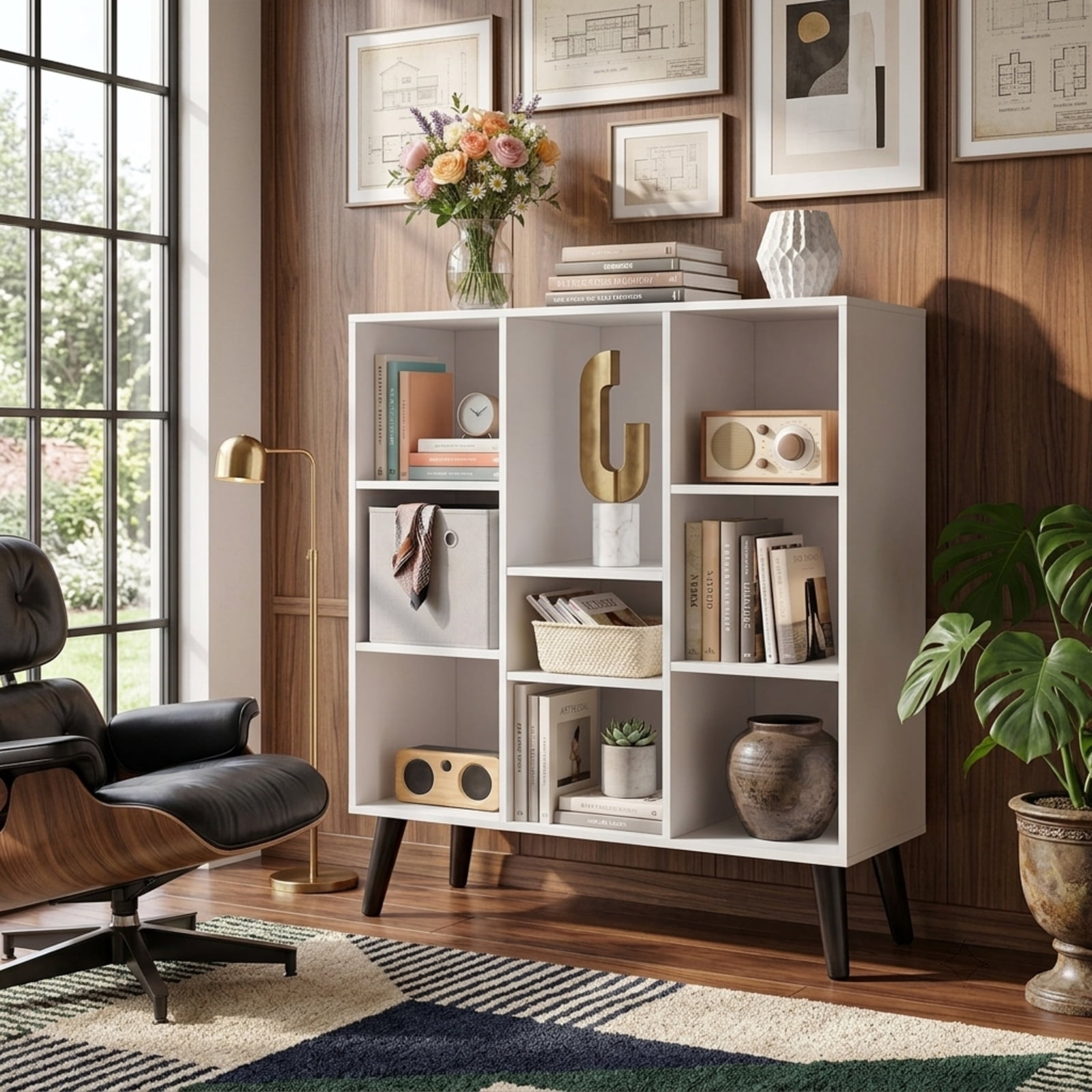 Furnibear 8-Cube Bookcase with Raised Support Legs and Anti-Tipping Kits Freestanding Wood Storage for Living Room and Study, White