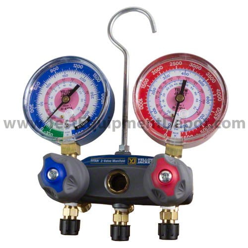 Yellow Jacket 49814 Manifold with 5/16" Anchor and Service Fittings, kPa/psi Scale, R-410A Refrigerant, Red/Blue Gauges