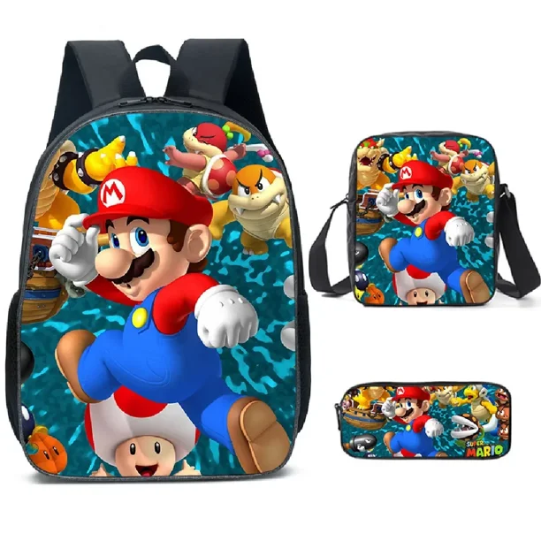 Nouveau ensemble de trois pièces de sac à dos de dessin animé Marios pour les élèves du primaire et du secondaire, sac à dos à bandoulière, trousse à crayons
