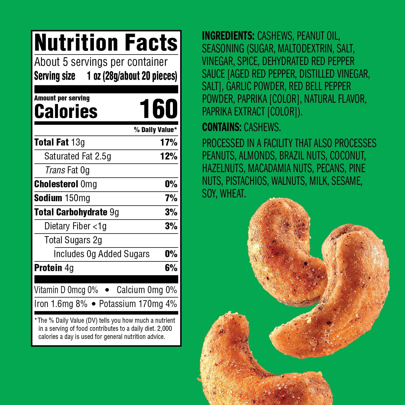 Emerald Nuts Sriracha Cashews, 5 oz Resealable Bag (Pack of 4)