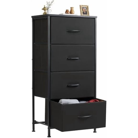 Nightstand Small Bedroom Dresser with 4 Fabric Drawers, Bed Side Furniture End Table, Wooden Top Cabinet Night Stand Dresser for Closet, Entryway, Dorm, Black