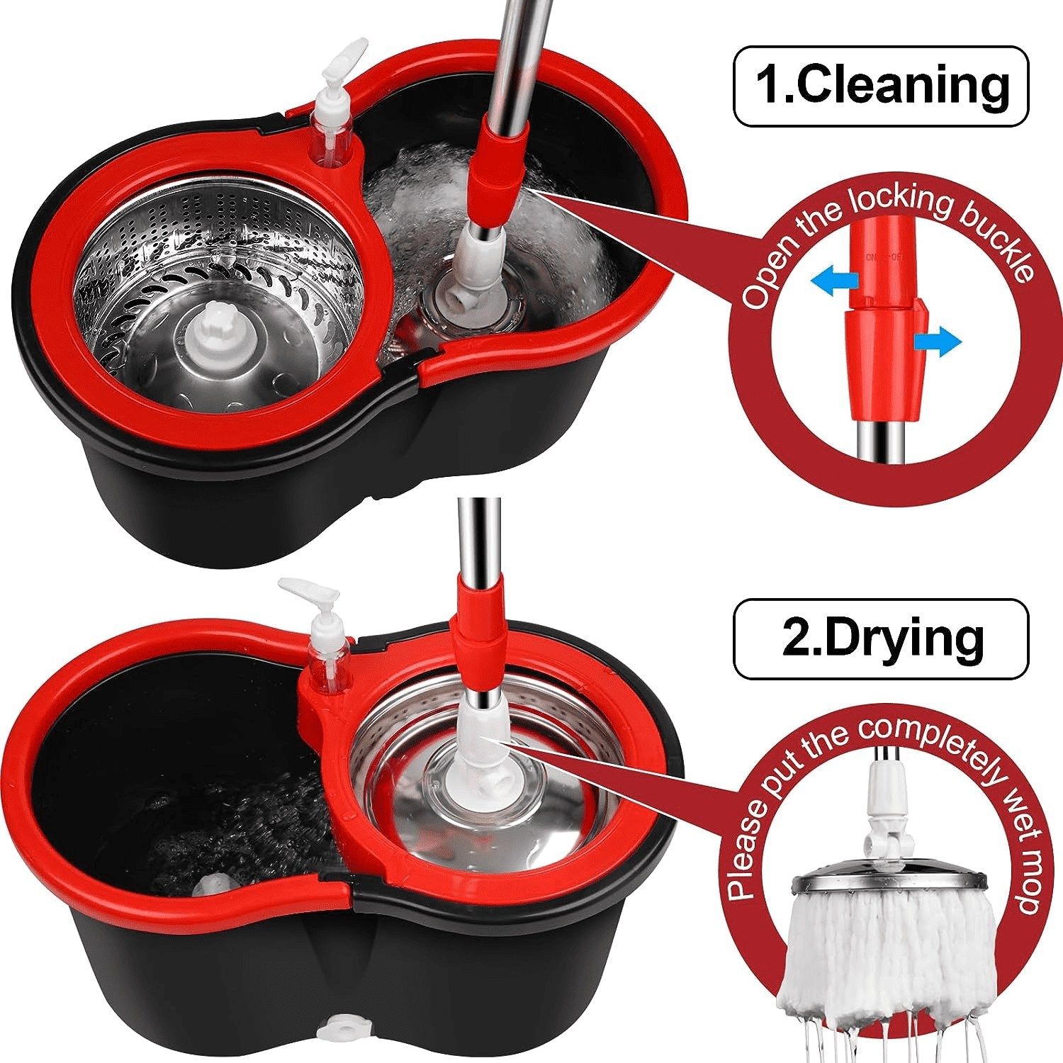 Mop and Bucket with Wringer Set Forart 360° Microfiber Spin Mop with Bucket and Three Mop Heads Self Wringing Spinning Mop Telescoping Handle Floor
