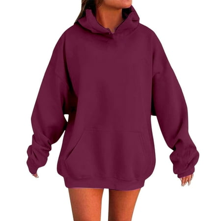 FYDUU Oversized Hoodies For Women Solid Color Drop Shoulder Long Sleeve Pullover Hooded Sweatshirts With Pocket Loose Fit Sweatshirts Tops RD4