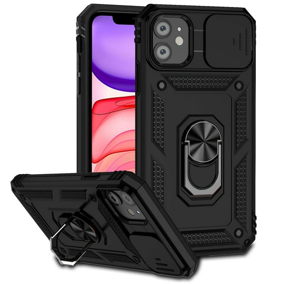 iPhone 16 Plus Kickstand Armor Case with Slide Camera Lens Protection Cover Built-in 360° Rotate Ring Holder Stand Magnetic Military Shockproof Phone Cover Case for iPhone 16 Plus,
Black