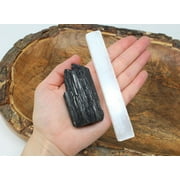 Black Tourmaline Chunk and 1 Selenite Stick 5", High Grade, Selenite Crystal, Gympsum, Healing Crystals, For Reiki Healing
