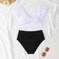 thumbnail image 6 of Women's Pleated Slim Fit V-Neck Color Block Ruffled Two-Piece Swimsuit White S, 6 of 8