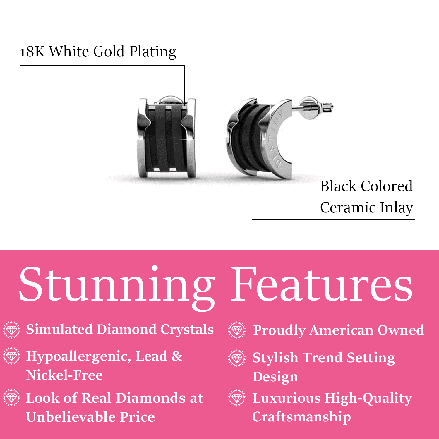 Cate & Chloe Kali 18k White Gold Plated Half Hoop Earrings with Black Ceramic Inlay for Women, Gift for Her