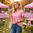 thumbnail image 4 of JULMCOMO Breast Cancer Shirts for Women V Neck Floral Pink Ribbon Print Breast Cancer Awareness Loose Comfy Tshirts Casual Soft Graphic Tees Pink M, 4 of 5