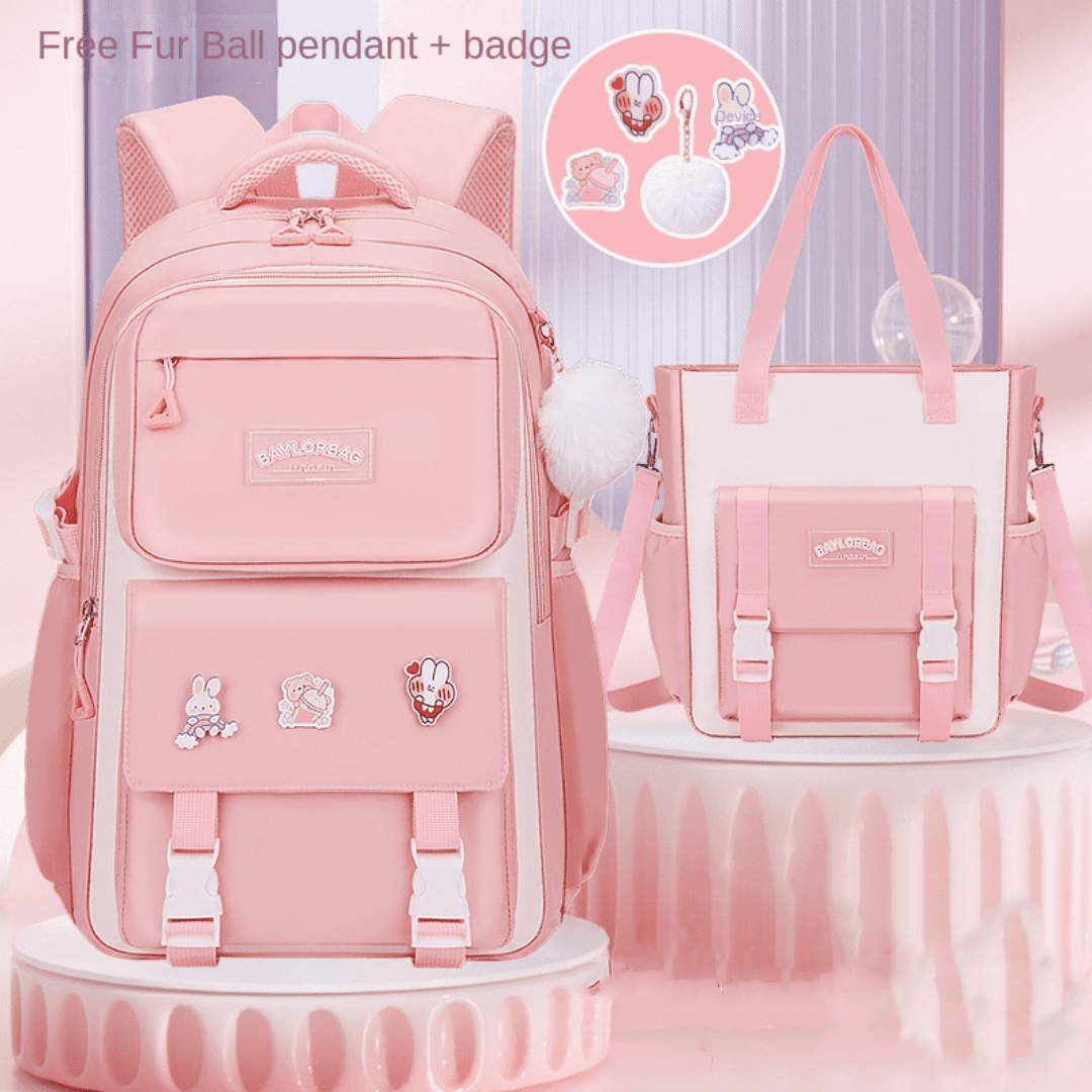 KAMUGO Girls Backpack, 2pcs Sets Kids Backpack for Girls with Anti-theft Back Pocket, Lightweight School Bookbag Water Resistant Tote Bag for Elementary Primary School, Pink S