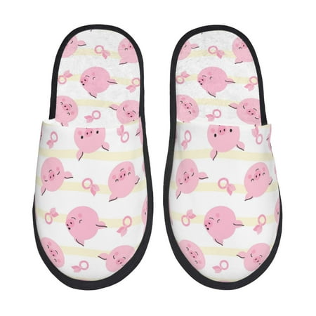 

House Slippers for Women and Men Cartoon Striped Pink Pig Cute Comfy Fuzzy Bedroom Slippers Furry Home Shoes for Indoor Outdoor