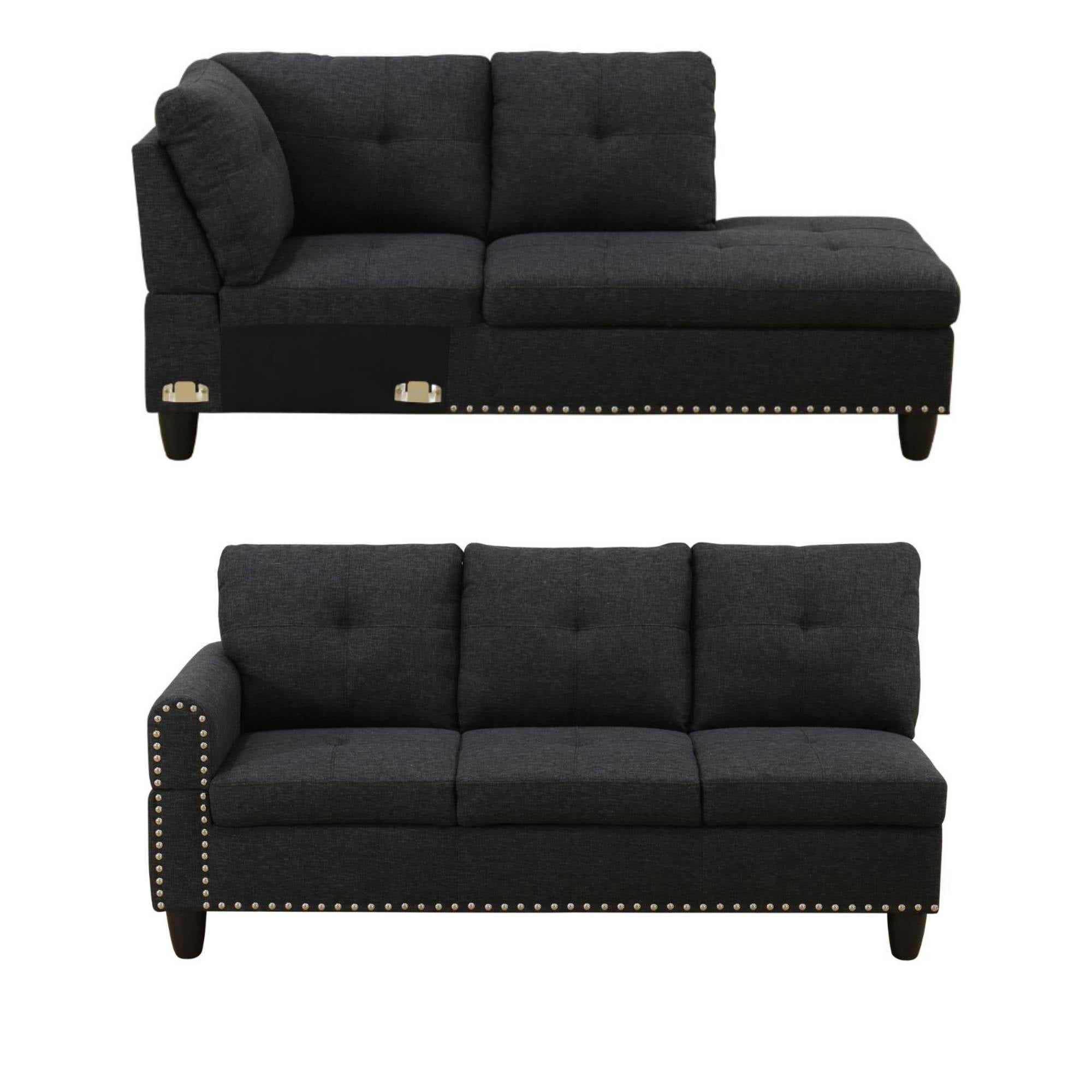 L-Shaped Linen Sectional Sofa with Right Chaise, Modular Tufted Couch Nail-Head Lounge Sofa for Living Room, Black