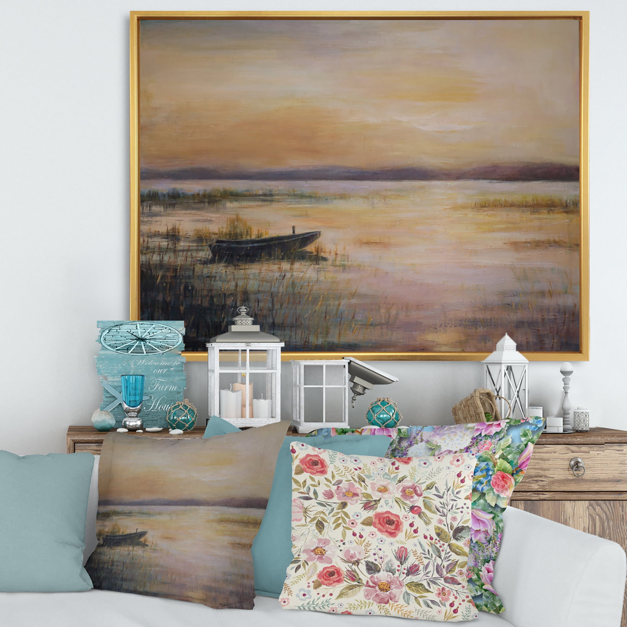 Designart 'Pastel Boat Sunset Over The Lake' Nautical & Coastal Framed Canvas Wall Art Print