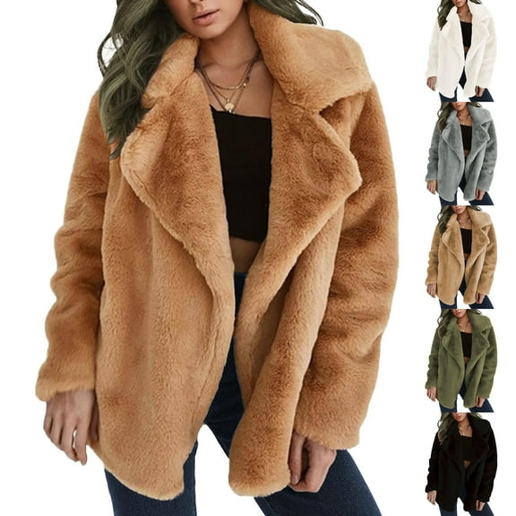 Women's Fashionable Solid-Color Lapel Mid-Length Plush Coat for Fall and Winter, Warm and Elegant, Winter Clothes for Women,Army Green,L