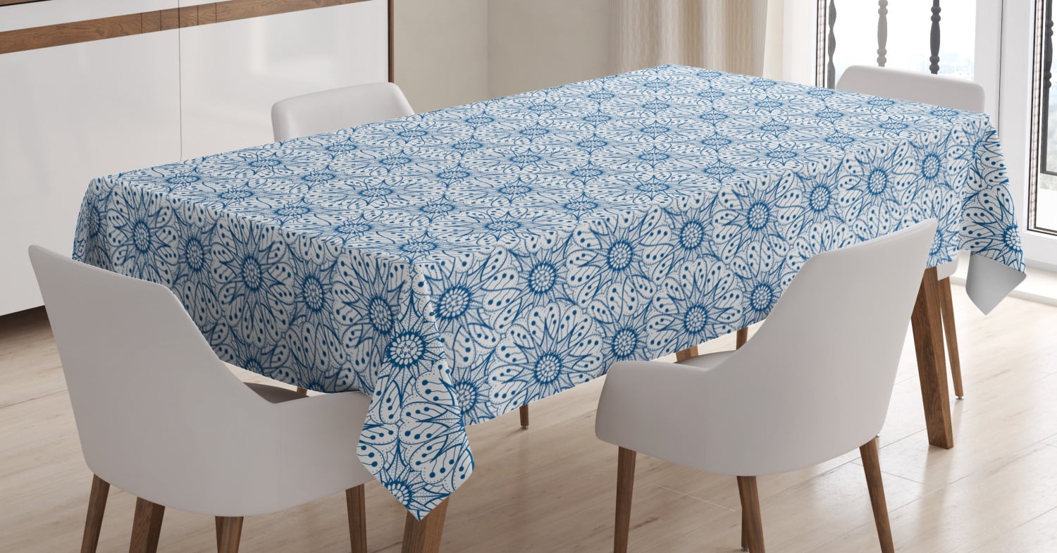 Blue and White Tablecloth, Dutch Tile Design with Large Flowers and