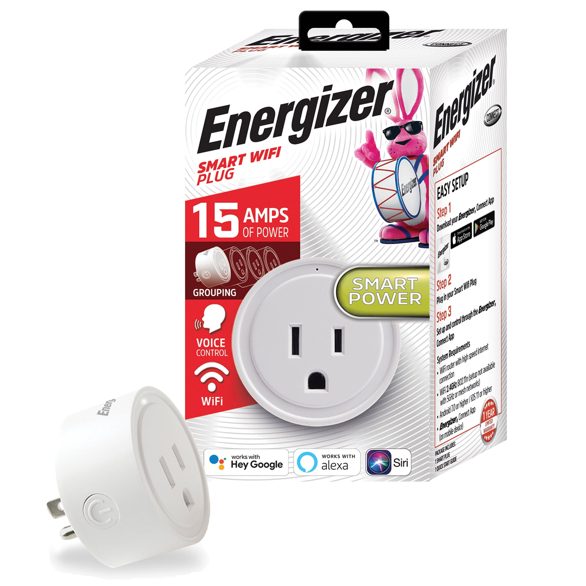 Energizer Smart Wi-Fi 15 Amp Wall Outlet Plug, Voice Control, Remote Access, Mobile App