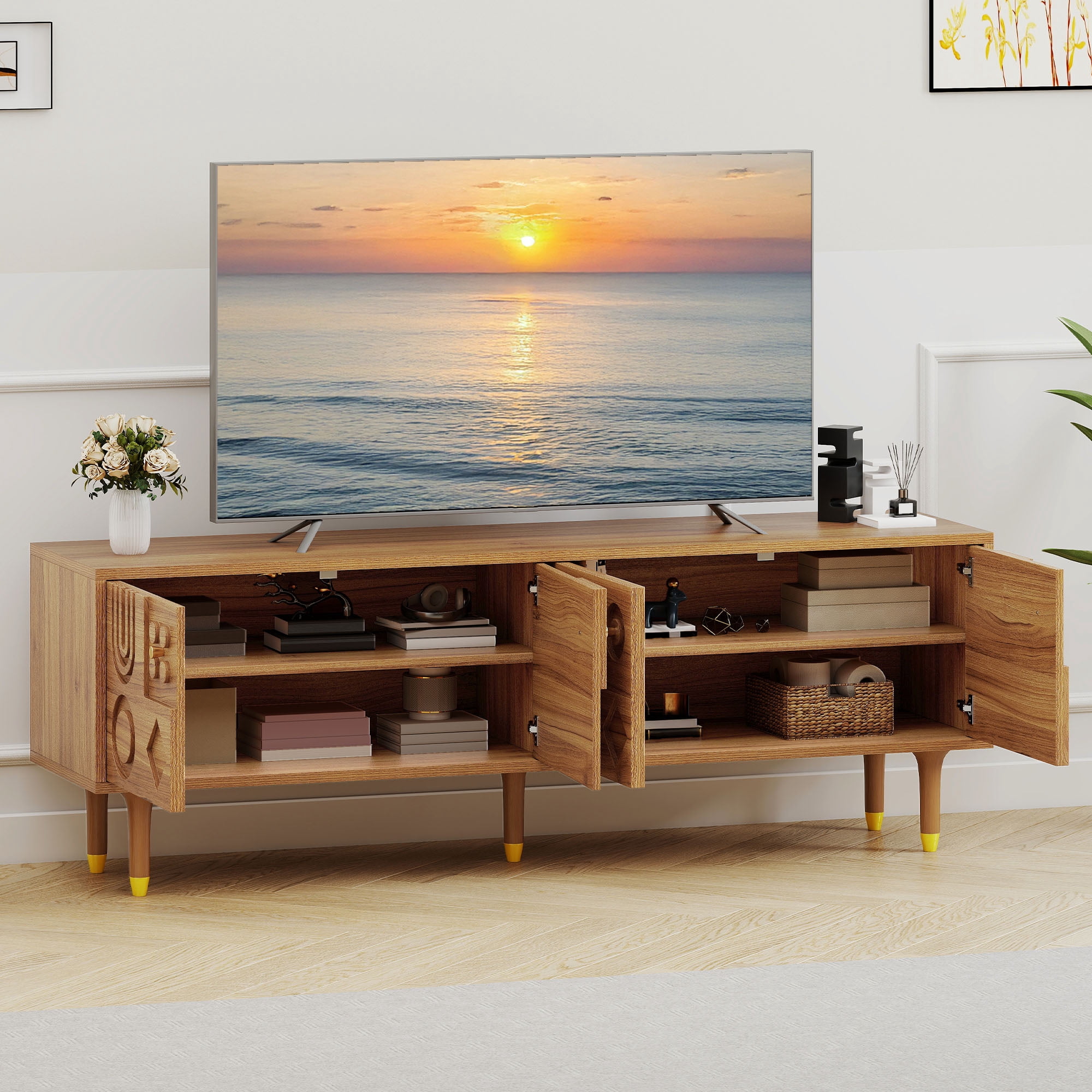 Uforic TV Stand with Storage for Living Room, Mid-Century Entertainment Center, Media Console for up to 80 Inch TVs, Walnut