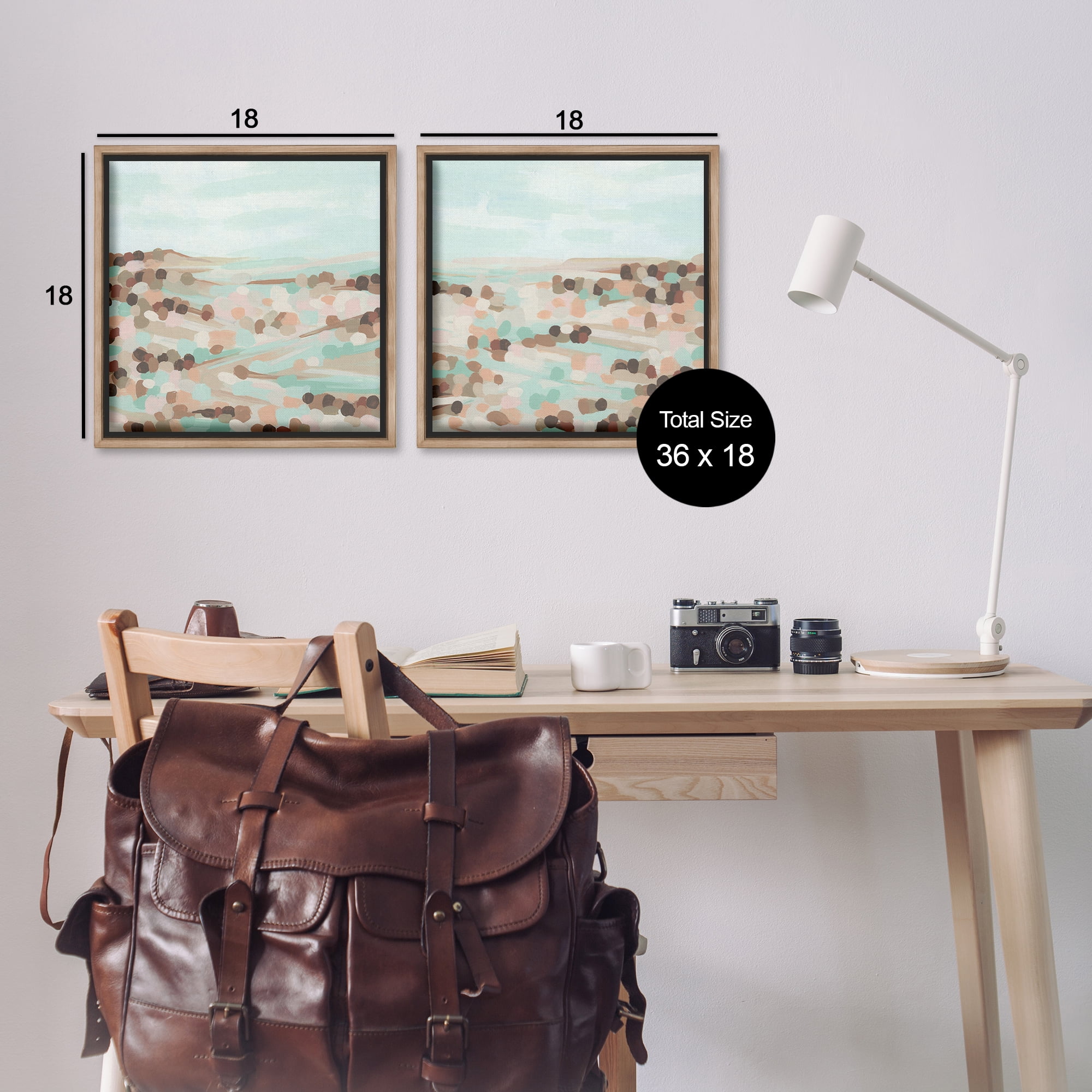 Stupell Industries Mint Pastel Abstract Vista Landscape & Nature Painting Brown Floater Framed Canvas Art Print Wall Art, 18 x 18, Set of 2