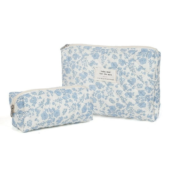 Makeup Bag,Quilted Cosmetic Package Set ,Floral Toiletry Pouch for Women,Cotton Cute Travel Bag,Large Capacity Portable(Blue Floral)