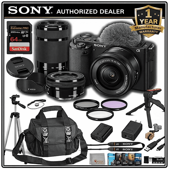 Sony ZV-E10 Mirrorless Camera with with 16-50mm   55-210mm Lenses, 64GB Extreem Speed Memory, Case. Tripod, Filters, Hood, Grip, & Professional Video & Photo Editing Software Kit